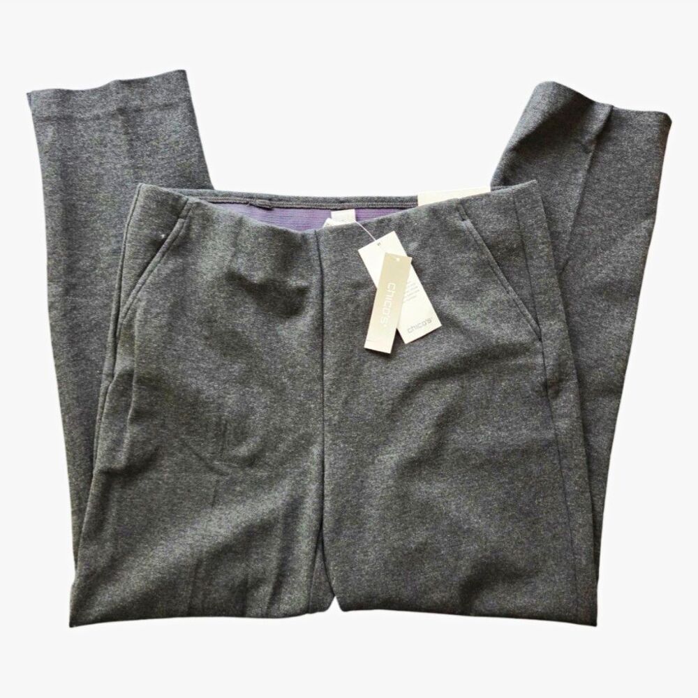 Chico's Gray Knit Pull-On Slim Leg Dress Pants Stretch 30" Inseam Size 10